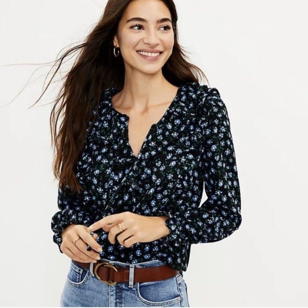 LOFT Black Blue Floral Ruffle Tie Neck Long Sleeve Blouse Top. Sz- XXSP